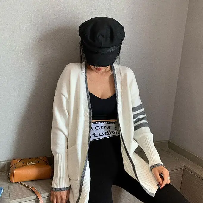 

2021, модный брендовый свитер, необычная одежда, полосатая шерстяная Длинная свободная повседневная куртка на весну и осень