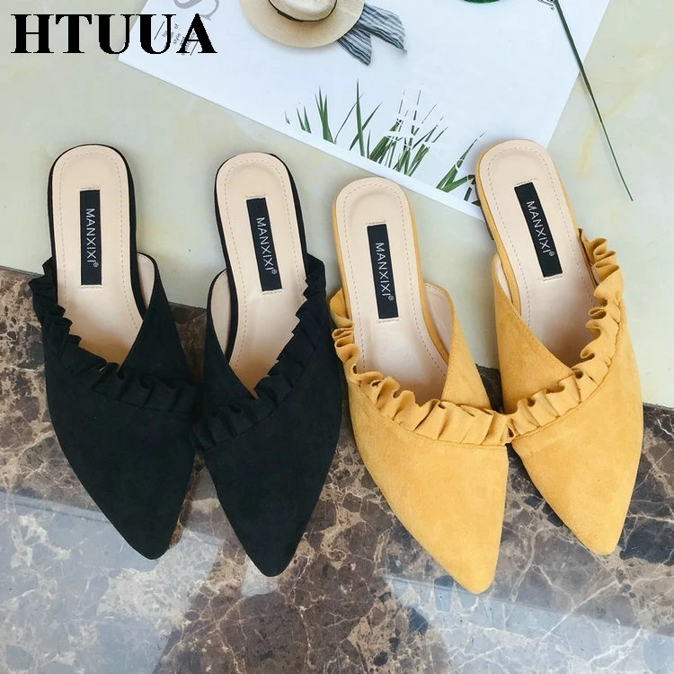 HTUUA/высококачественные Мягкие Шлепанцы из флока; женские туфли без задника; сезон весна-лето-осень; женская обувь; шлепанцы на плоской подошве; SX1311