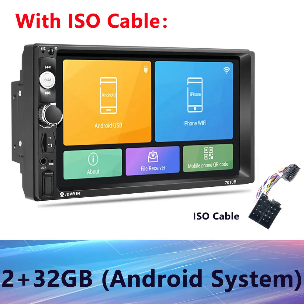 Podofo Android 2 din 2+ 32GB Автомагнитола " Авторадио мультимедийный плеер gps навигация Bluetooth wifi Mirrorlink 2 Din аудио стерео - Цвет: With ISO Cable
