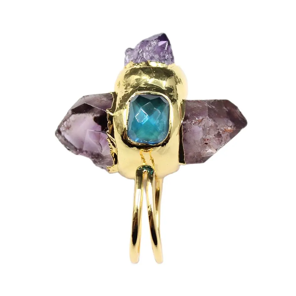 

GG Jewelry Natural Point Druzy Amethyst Rough Raw Blue Crystal Ring Gold Plated Adjustable For Lady