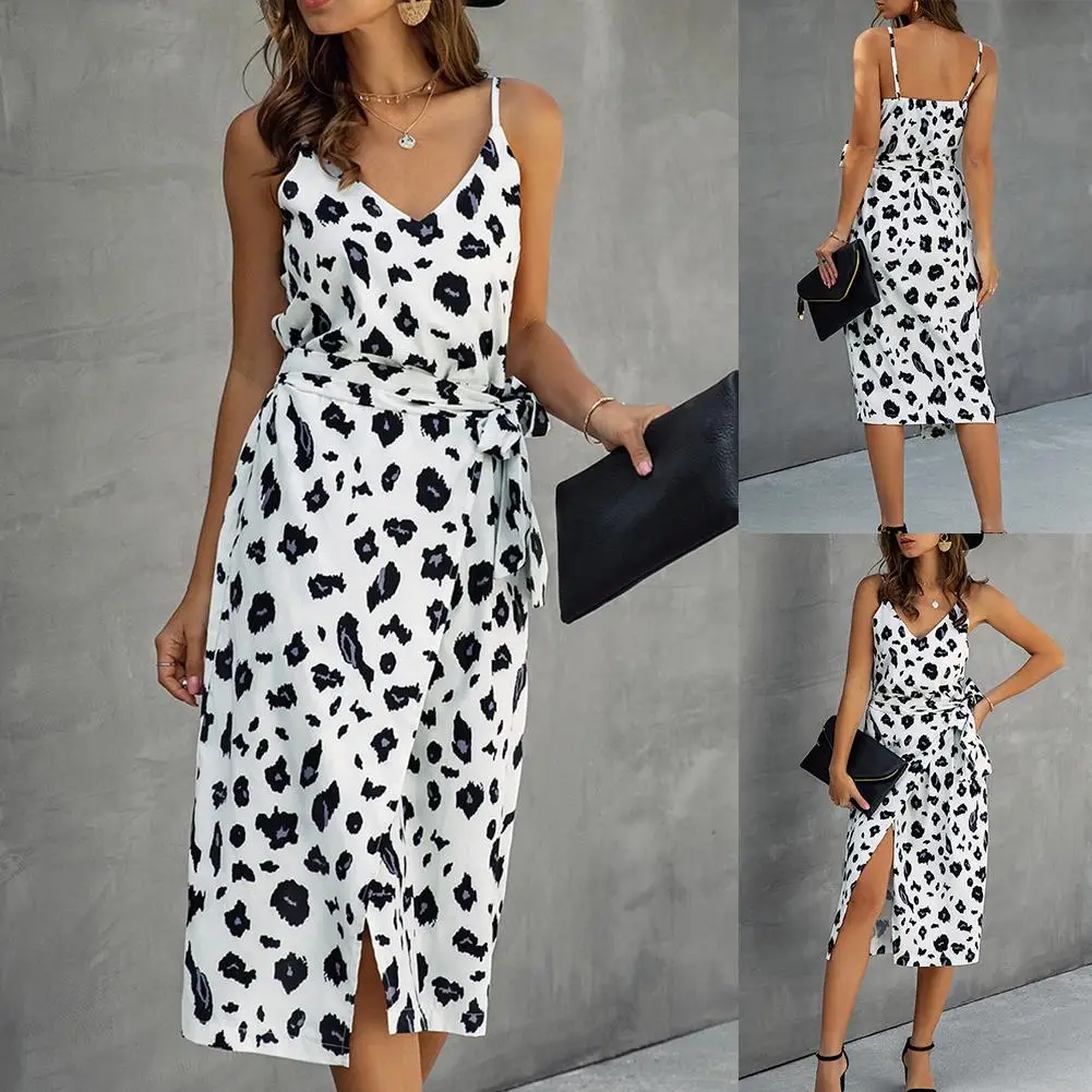 

Women Summer Sleeveless Backless Graphic Print Side Split Thigh Belted Dress
