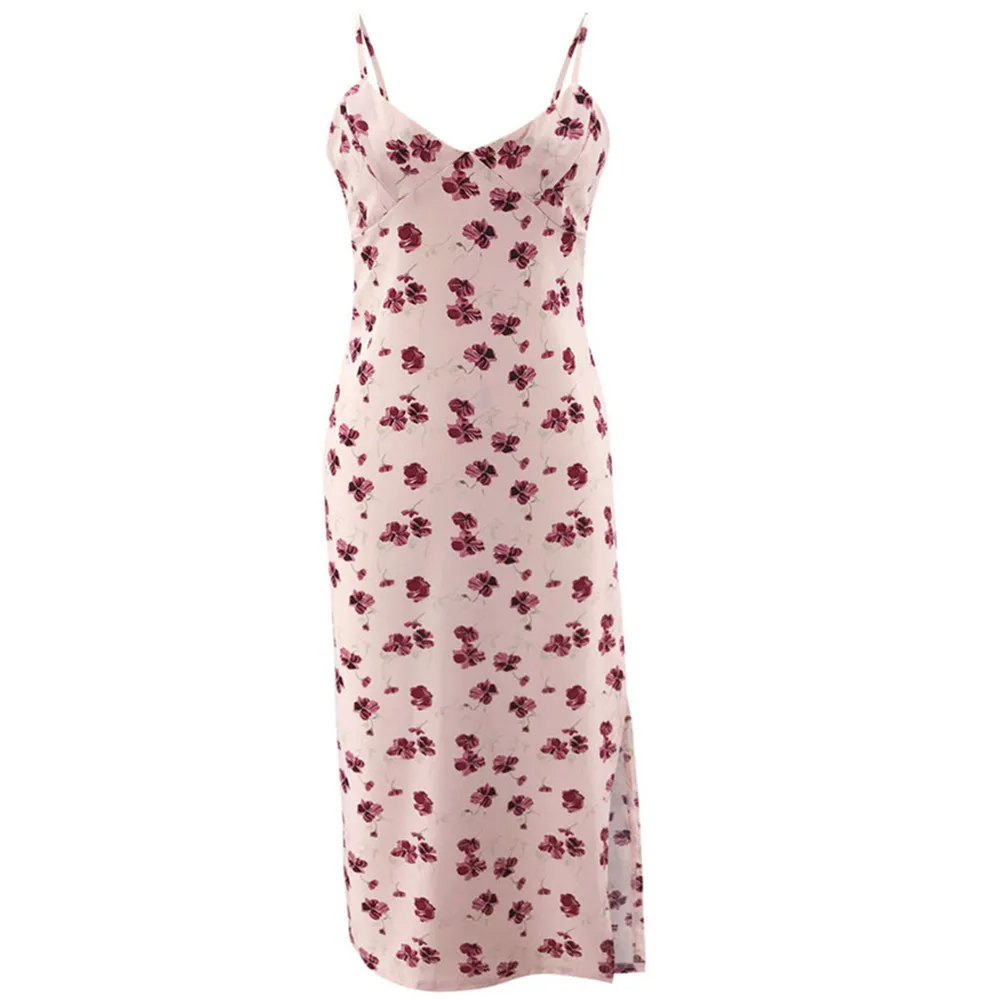 

2021 Summer Dress Sexy V-Neck Strap Slit Print Club Dress Fashion Floral Printing Sleeveless Slim Straight Maxi Dress Femme Robe