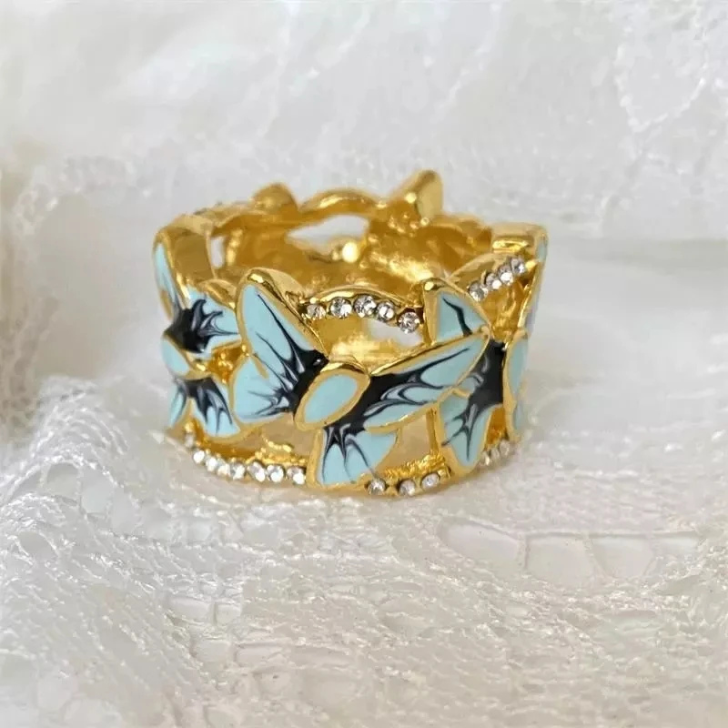 

Blue Wings Butterfly Shape Gold Wave Rings Exquisite Versatile Wedding Women Ring Banquet Party Jewelry Birthday Gifts