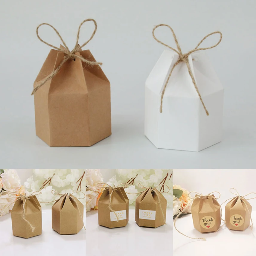 

5pcs Kraft Paper Wedding Favors Candy Boxes Hexagon Packaging Bags Gift Cardboard Boxes Christmas Bridesmaid Gift Package Box