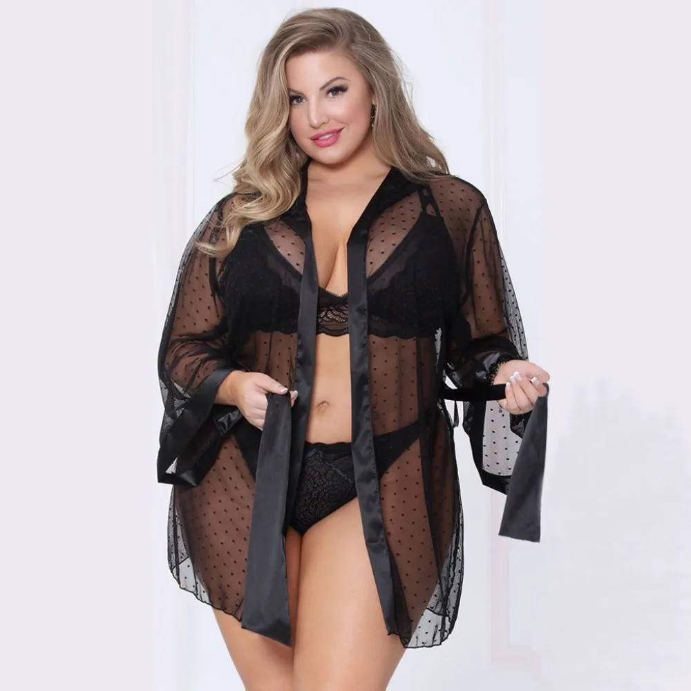 Женское каваи белье Lenceria Mujer сексуальный плюс размер 5XL халат в горошек сетка сексуальное нижнее белье Ночное белье халат с длинными рукавами A40