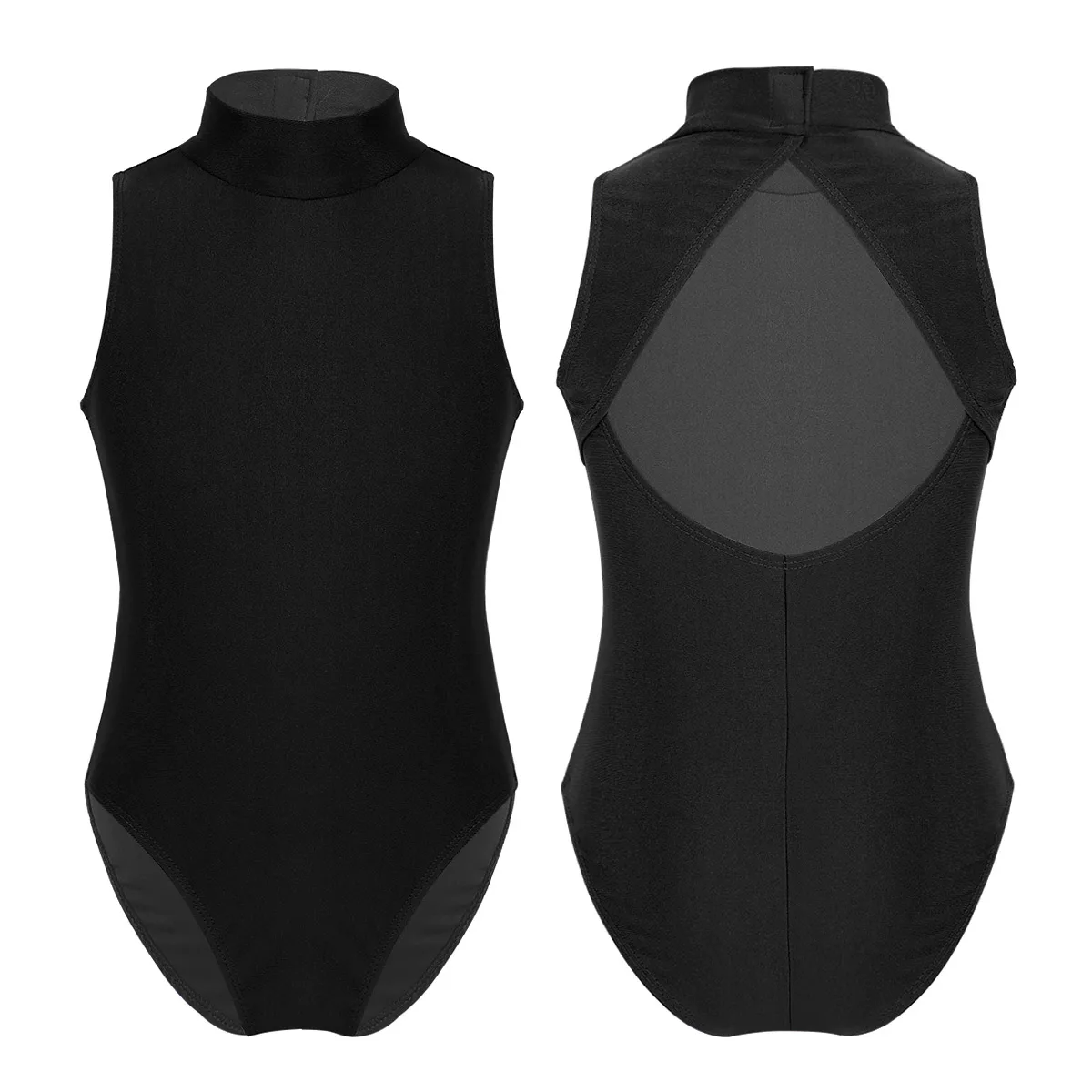 

New Kids Girls Gymnastics Leotard Mock Neck Sleeveless Cutout Back Ballet Dance Jumpsuit Children Stage Performance Costume