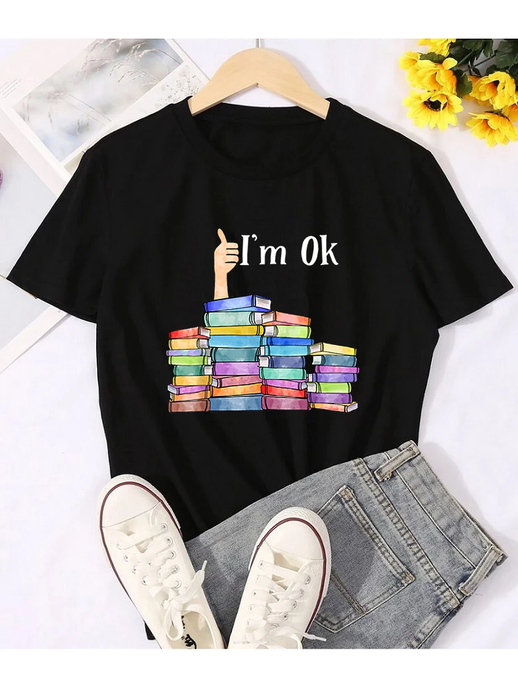 

I'm Ok National Book Lovers Day Oversized Top 100 Cotton Graphic Tee Shirt Kawaii clothes Fahion Female Shirt Unisex Streetwear