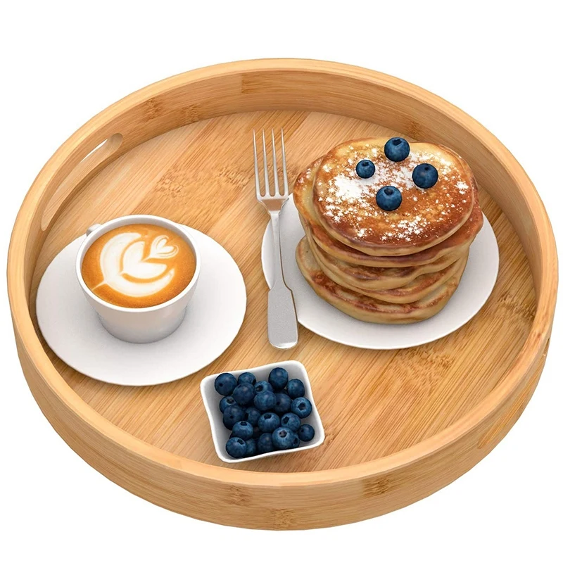 Round Serving with Handles - Wooden Bamboo Circle Tray for Coffee Table Food Ottoman | Дом и сад