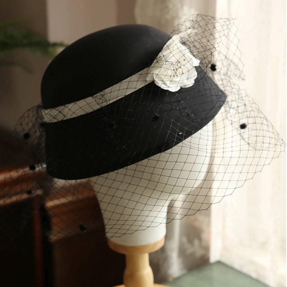 Женская шляпка-колокол FS черная шляпка с вуалью и цветами шерстяные войлочные