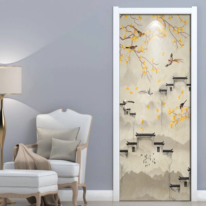 Наклейка на дверь расписанные вручную цветы птицы обои ПВХ водостойкие
