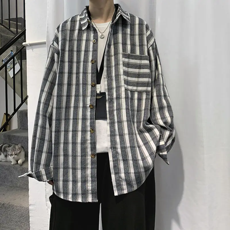 

2021 Spring And Autumn New Youth Popular Men's Loose Thick Striped Single-breasted Long Sleeve Shirt Fashion Casual Lapel Top