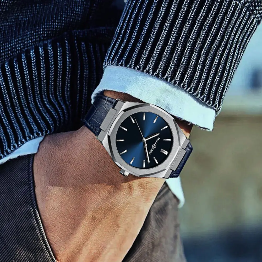 

Gift For Men Watch Luxury Quartz TOP Waterproof Hand Bracelets Head Layer Cowhide Watchband Fashion Minimalist Blue Male 2021