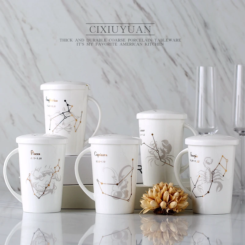 

Gift Box 12 Constellations Creative Ceramic Mugs with Spoon Lid white and Porcelain Zodiac Milk Coffee Cup 400ML Water