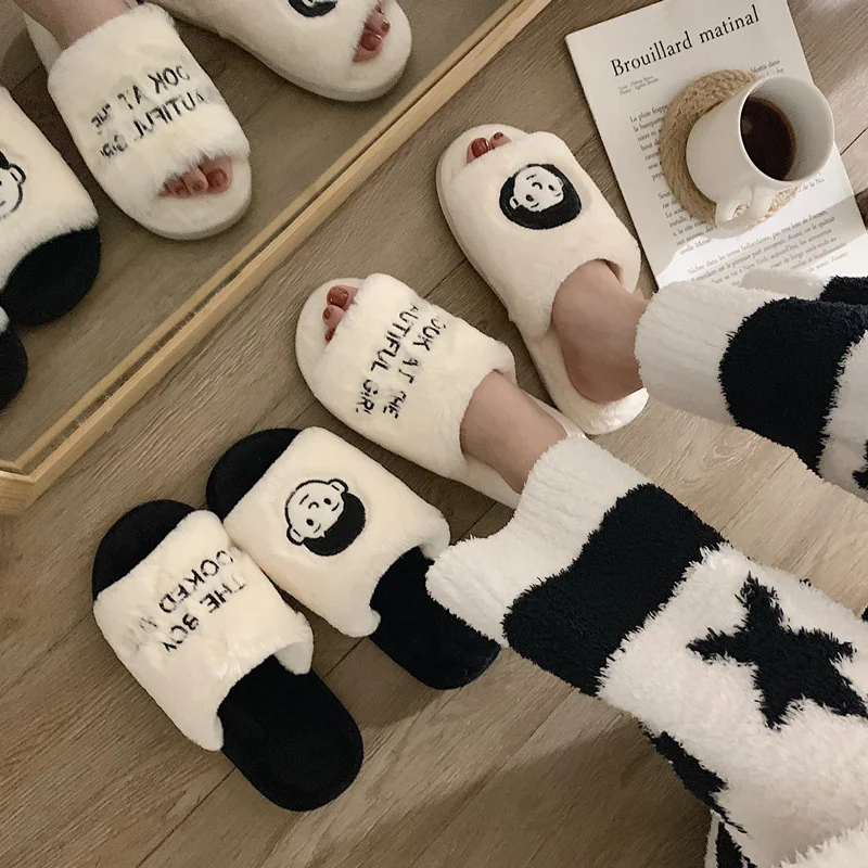 

New cotton slippers autumn and winter style ins lovers student cotton slippers home warm plush cotton shoes women