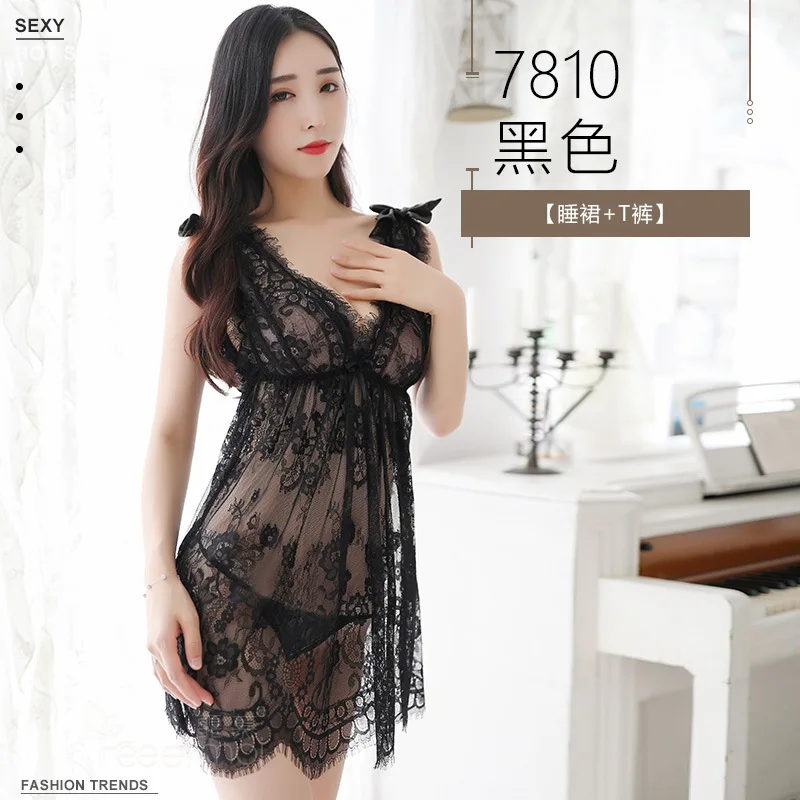 

White Black Transparent V Neck Lace Lingerie Babydoll Nightgown Thong Panties Women Hot Sexy Sleepwear Nightdress Sleepdress
