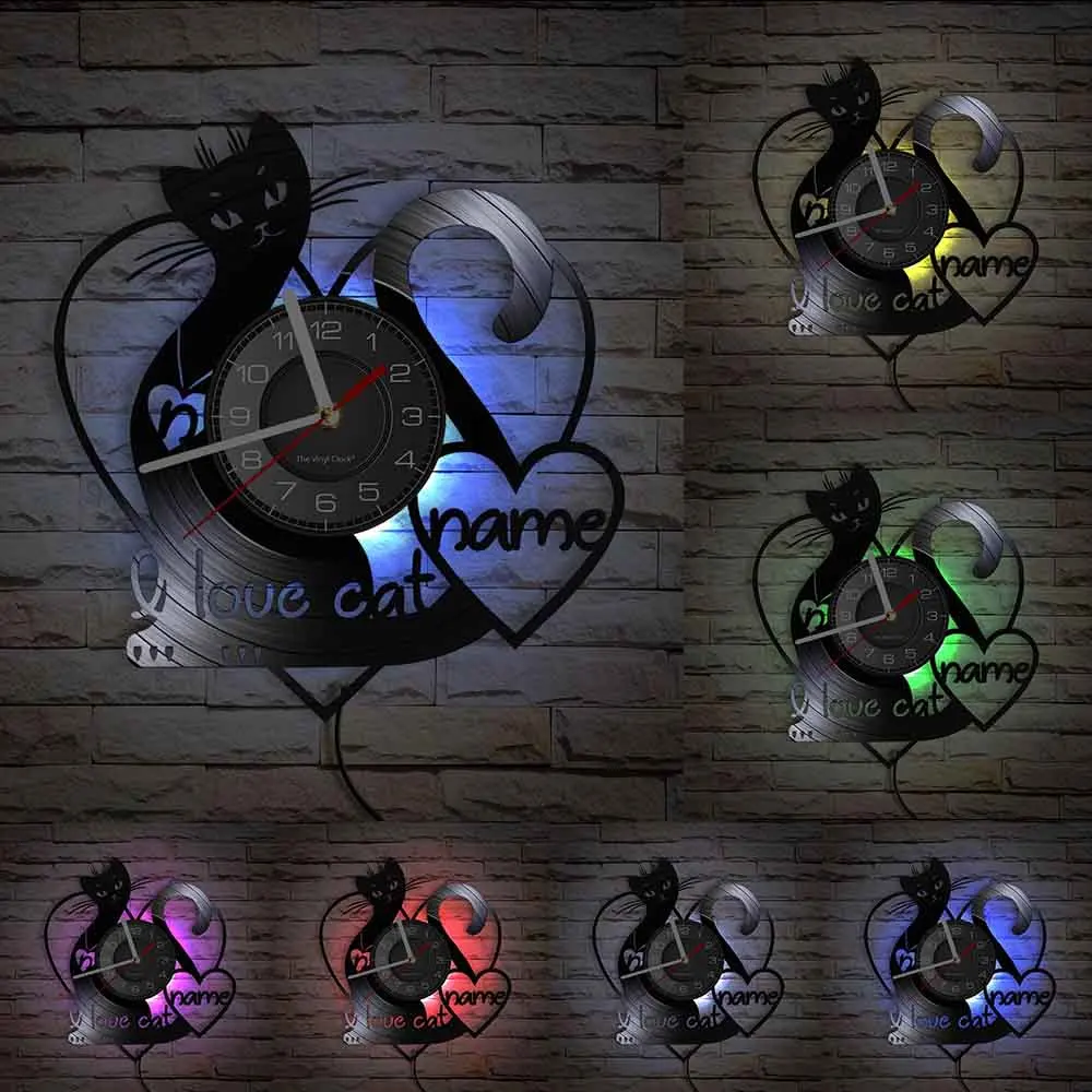 I Love Cat Custom Name Vinyl Record Wall Clock Pet Lovely Kitty Home Decor Meow Kitten Album Personalized Laser Cut Out Watch | Дом и сад