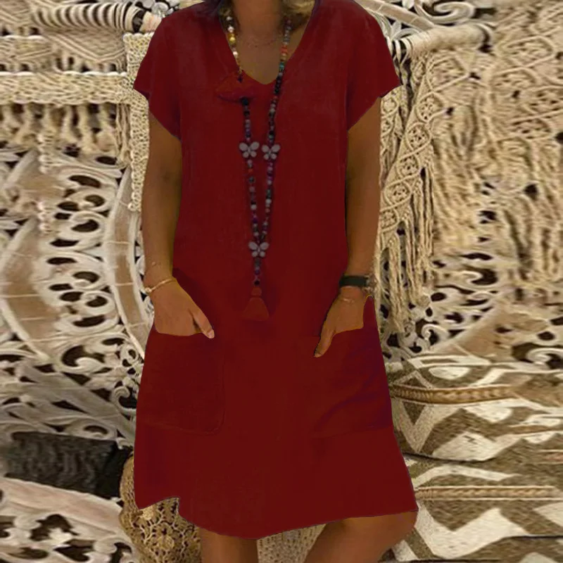 Женское летнее платье с карманами и v-образным вырезом однотонное свободное
