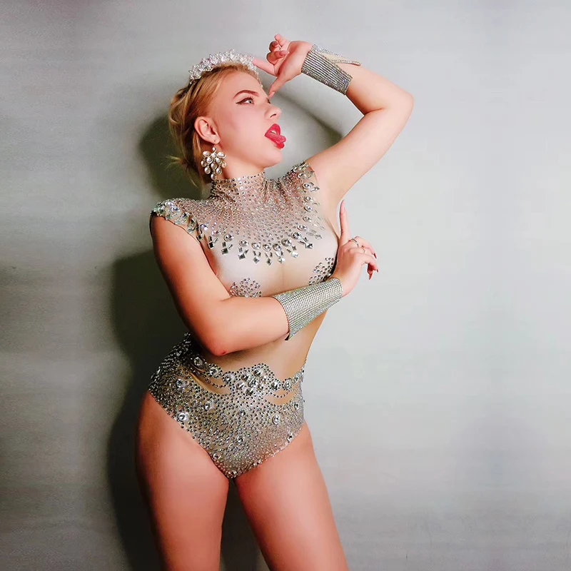 

Sexy short-sleeved skin tone rhinestone shorts onesie nightclub bar concert DJ singer/dancer costume