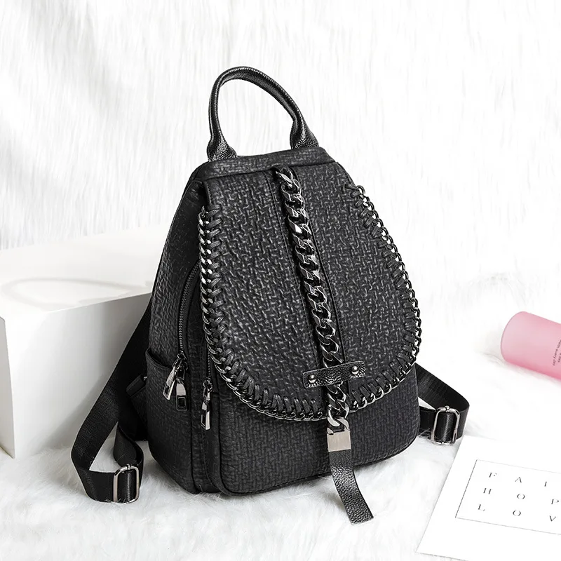 

Black Chain Women Leather Anti Theft Backpack School Bags For Girls Travel Backpacks Large Capacity Bagpack Back Pack Sacs à dos