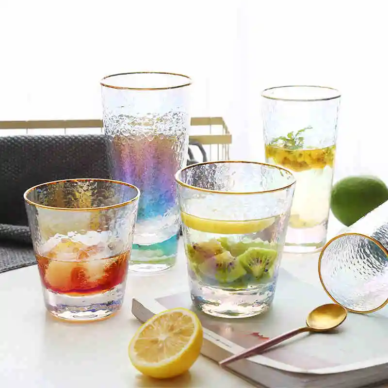 

Uniho Transparent Glass Cup Beer Glass Whiskey Glass Gold Rim Colorful Wine Glass Mug Creative Milk Cup Restaurant Drinkware