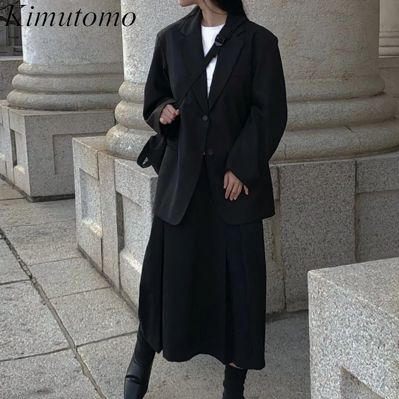 

Женские комплекты Kimutomo, весна-осень 2021, Корейская Элегантная Дамская Свободная куртка с отложным воротником и двумя пуговицами, плиссирова...