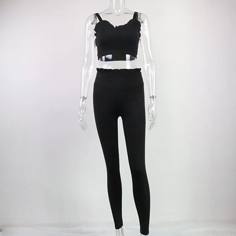 

High Waist Slim Ruffles Sports Suit Summer Gym Workout Sports Bra Yoga Set Women Clothing Gym Leggings 2 Piece Sets Outfits