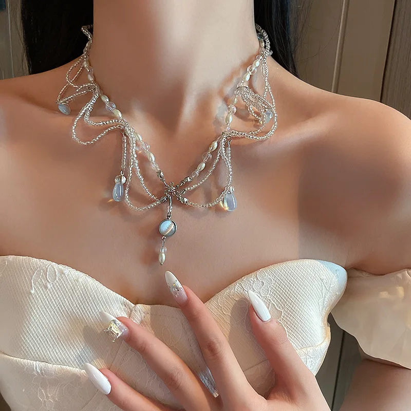 

Origin Summer Unique Design Genuine Pearls Beaded Necklace for Women Girls Geometric Tassel Chokers Necklace Accessories
