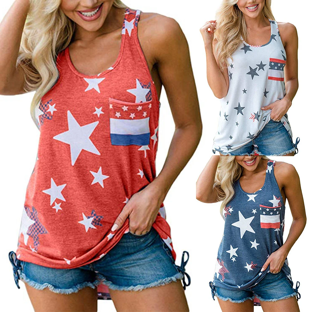 Women US Flag Tank Top July 4th Loose Fit Sleeveless Stars Stripes T Shirt Vest | Женская одежда