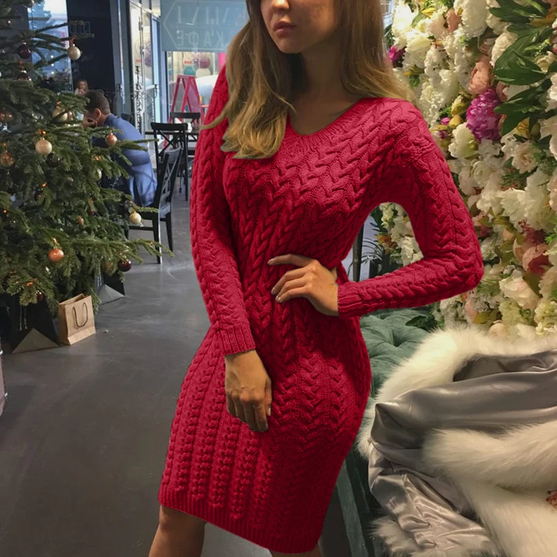 

Casual Solid Red Sweaters Dress Women 2020 Autumn Winter Thick Bodycon Midi Sweaters Jumpers Knitted Pullovers Female