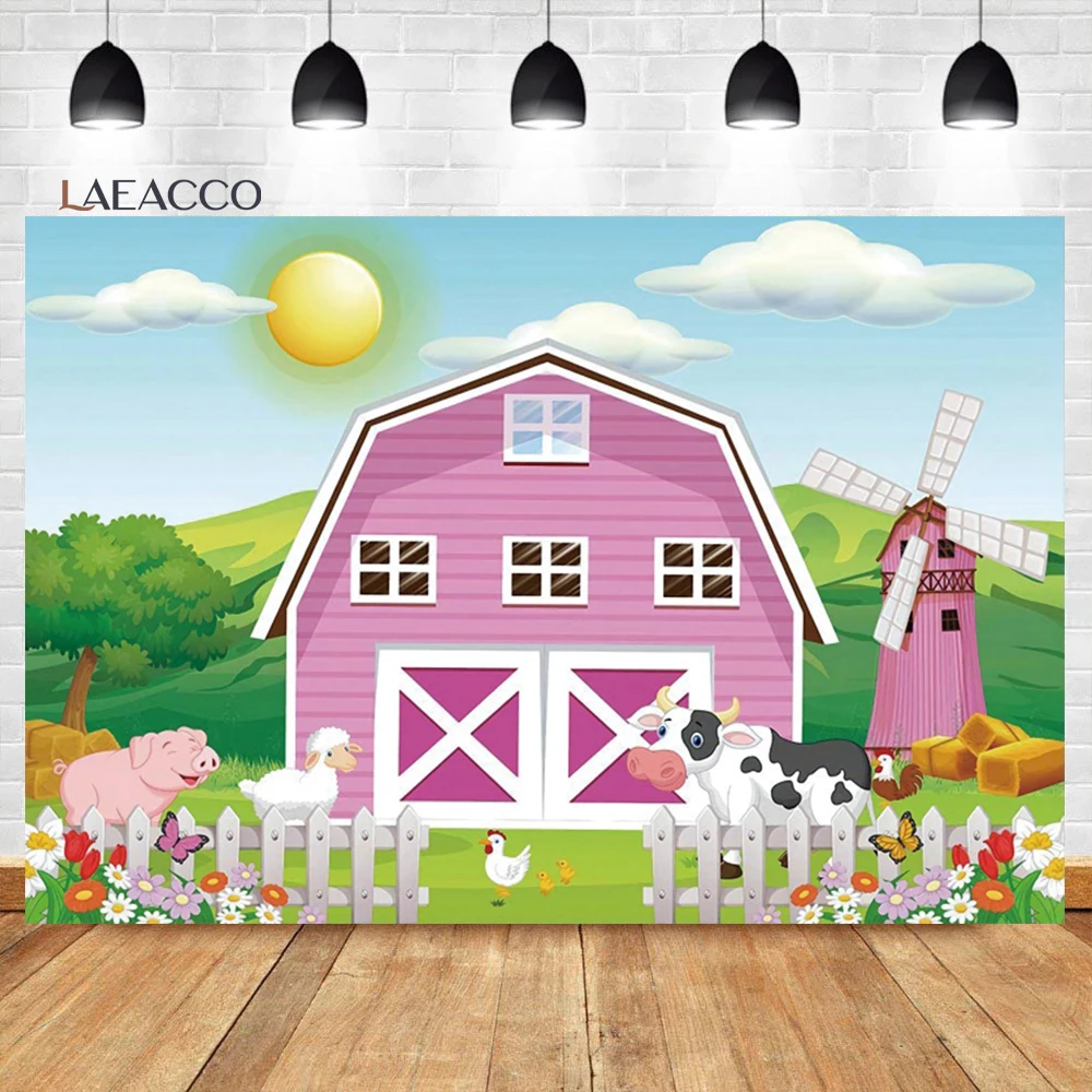 

Laeacco мультфильм ферма фон розовый сарай ветряная мельница животные ребенок душ Дети День рождения портрет фотография фон на заказ