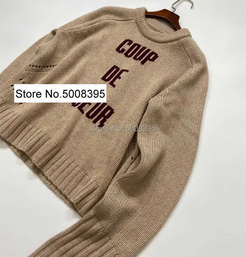 

Woman Camel Cashmere Sweater Round Neck Long SLeeves Front Letters Jacquard Fashion Jumpers 2021FW