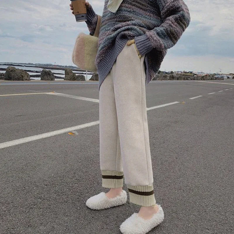 

Pants Women Thicker Winter Knitted Elegant Patchwork Simple Womens Trendy Harem Long Trousers Soft Warm Loose Pockets Elastic