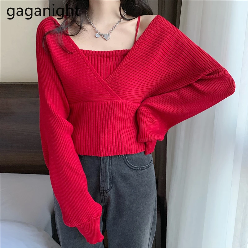 

Женский трикотажный свитер Gaganight, Однотонный свитер-обманка с длинными рукавами в Корейском стиле, офисный джемпер для осени и зимы