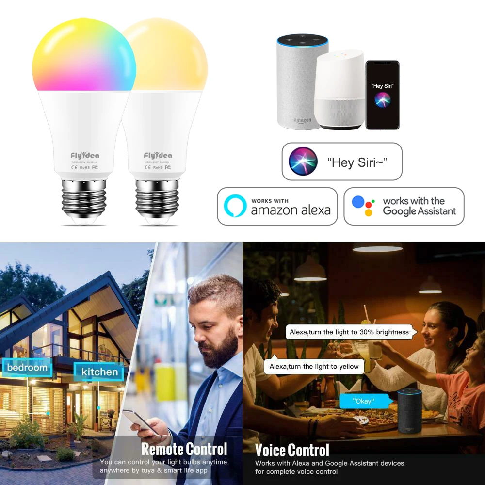 Фото Светодиодный WIFI умный светильник B22 Лампа Alexa Google Home Yandex станция Alice Siri Голосовое управление с регулируемой яркостью магический RGB ac220в 110В №4