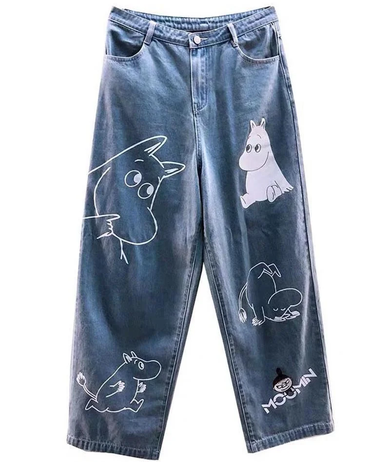 

2021 Y2K Fashion Clothes Cartoon Pattern Printed Jeans Women's Casual Loose Denim Trousers Ladies Blue Straight Trousers New