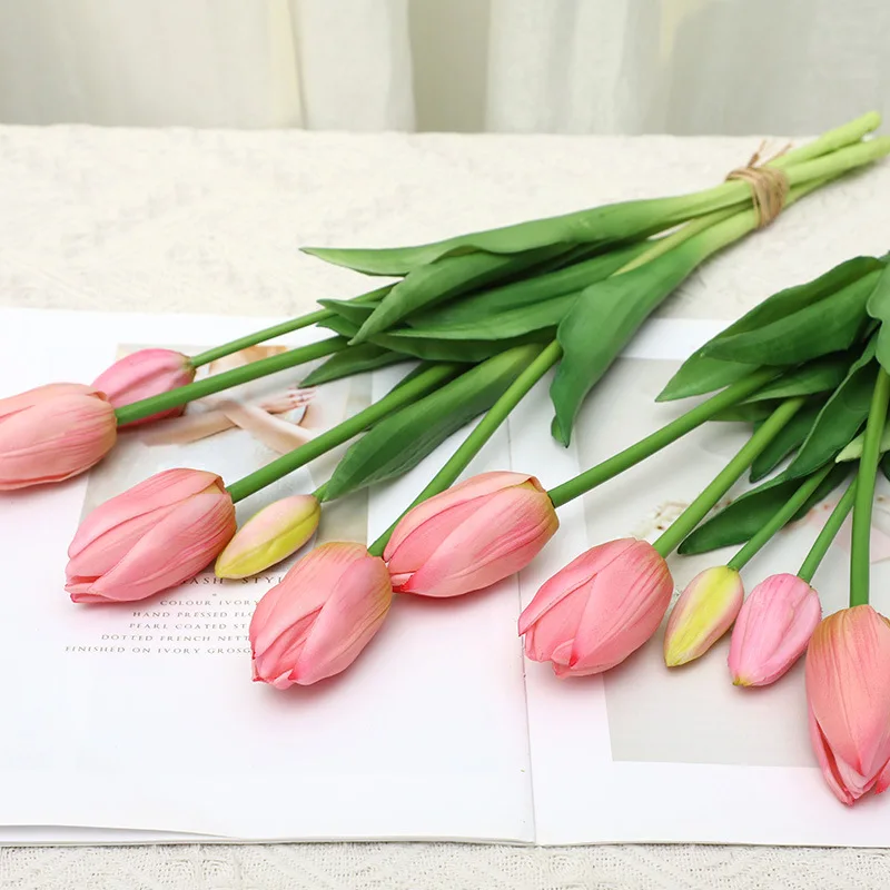 

Country Wedding Party Decoration Simulation Bouquet PU Soft Plastic 5 or 3 Heads Tulip Artificial Flowers Christmas Decoration