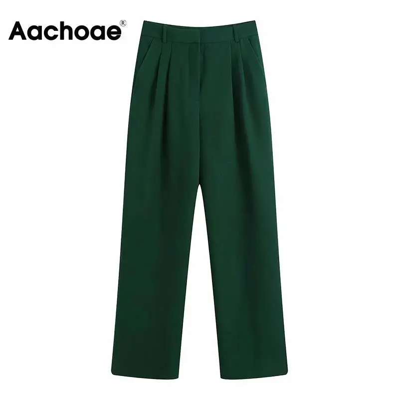 

Женские однотонные длинные брюки Aachoae, плиссированные зеленые брюки с высокой талией, на молнии, с карманами, модные женские шикарные брюки