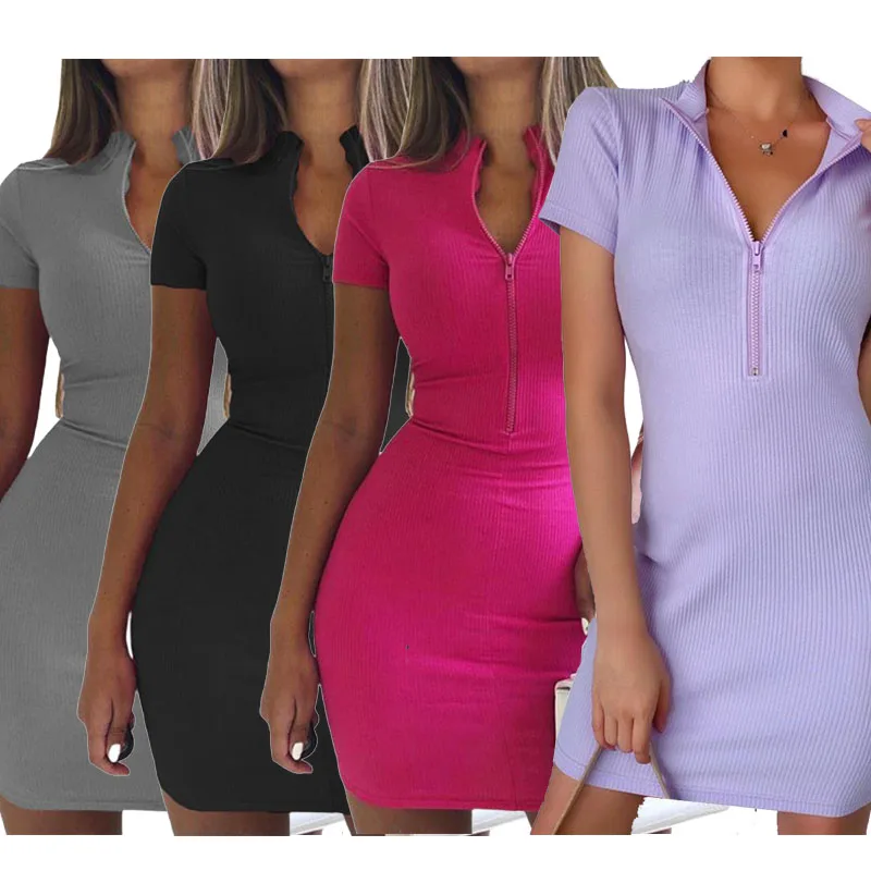 

Женское облегающее платье-карандаш, летнее однотонное платье в рубчик, с воротником-стойкой, на молнии, с глубоким V-образным вырезом, 2020