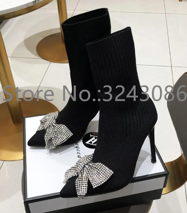 

Bling Butterfly-knot Stretch Sock Boots Woman Sexy Crystal Bowtie Lady Ankle Boots Fashion Elastic Thin Legs Short Boots
