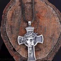 vintage cross pendant leather cord necklace christian jesus golden crown of thorns mens faith jewelry stainless steel gift