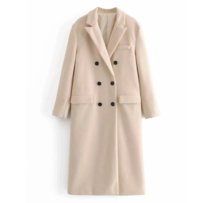 

Winter Women New Elegant Simple Solid Color Long Overcoat Female British Style Double Breasted Pocket Decoration Long Coat