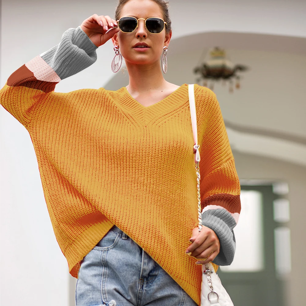 Autumn Women V Neck Off Shoulder Sweater 2019 Winter Lantern Sleeve Loose Sweaters Pullover Streetwear Patchwork Jumper Female | Женская