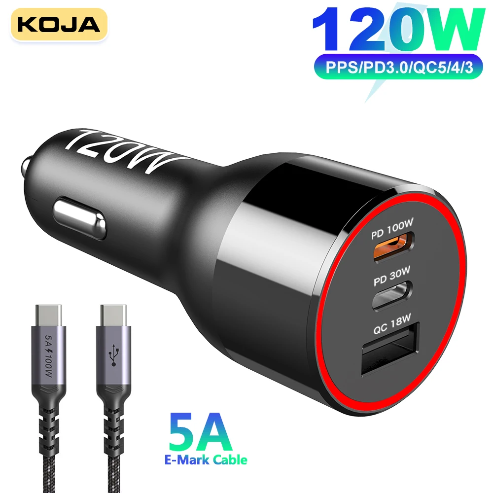 

120W Fast Car Charger 3 Port USB Quick Charge PPS/PD 100/65/45/30/20W QC3.0 18W For Huawei Xiaomi TYPE C Iaptop Tablet Iphone 12