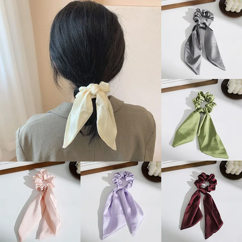 

Satin Silk Bow Streamers Hair Ring Knotted Scrunchies Women Ponytail Hair Ties Solid Color Rubber Band Hair Accessories