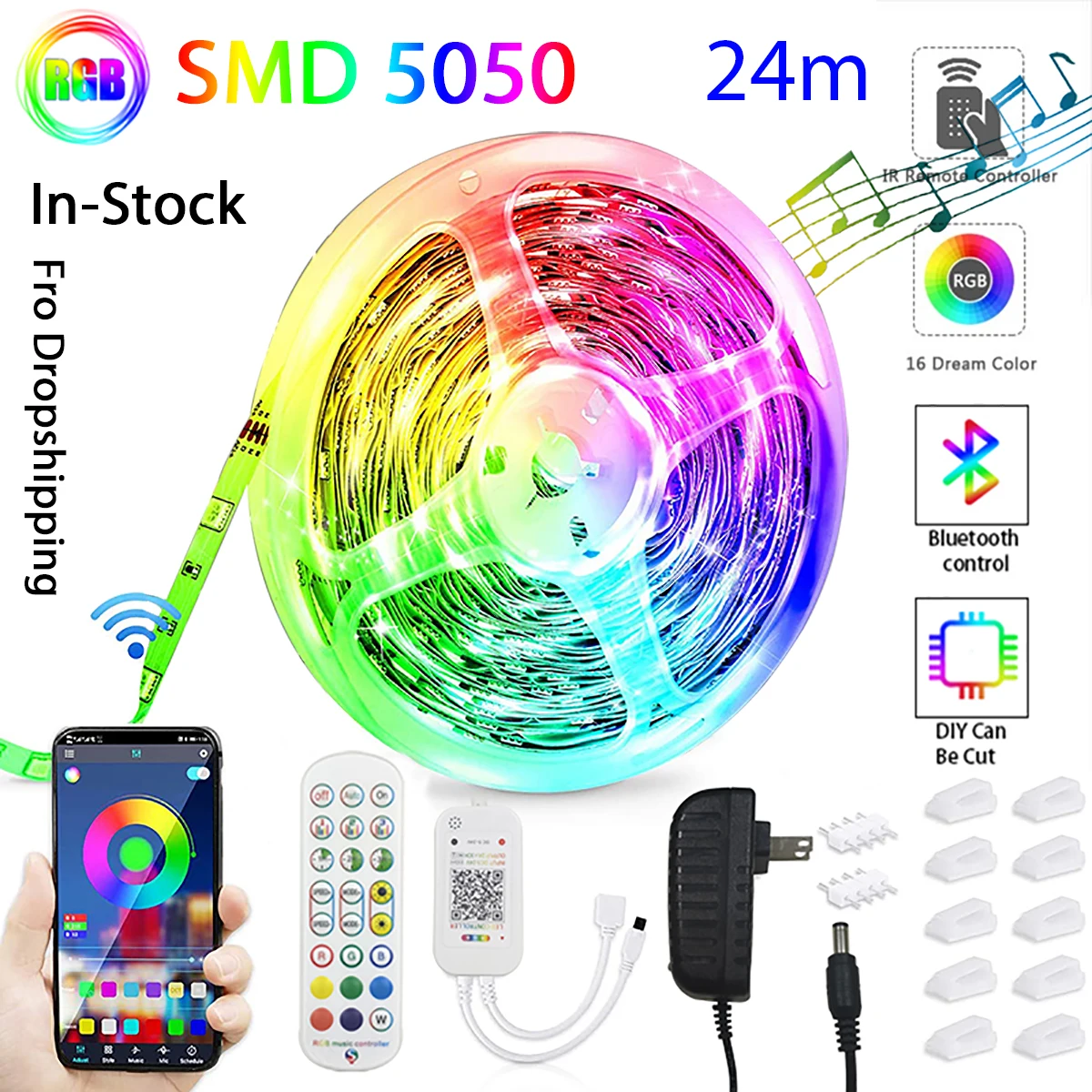 2021 Новое приложение Bluetooth СИД полосные осветители 24M RGB 5050 SMD лампа Гибкая лента 3M 6M