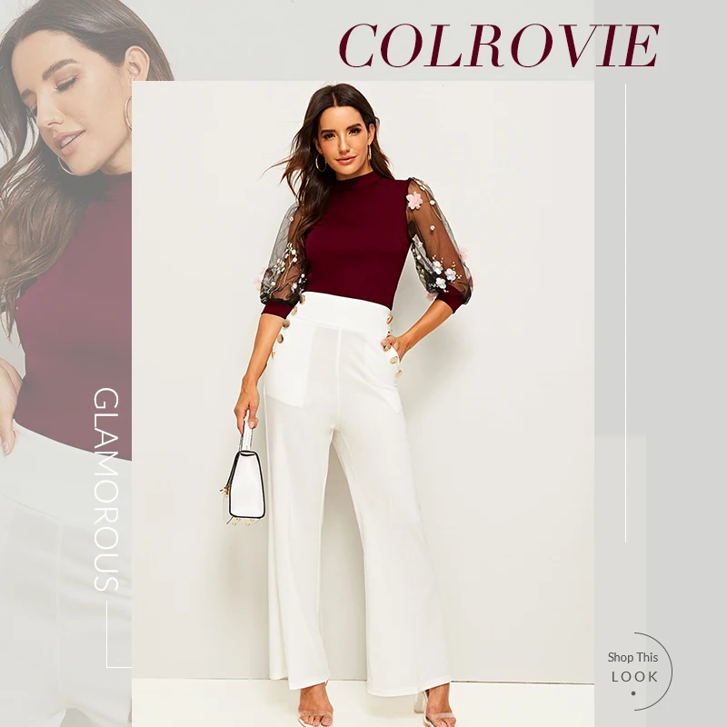 COLROVIE 3D Аппликация вышитое Сетчатое платье-фонарь с рукавом Топ для женщин три четверти рукав Элегантная блузка осень сексуальные Изящные блузки