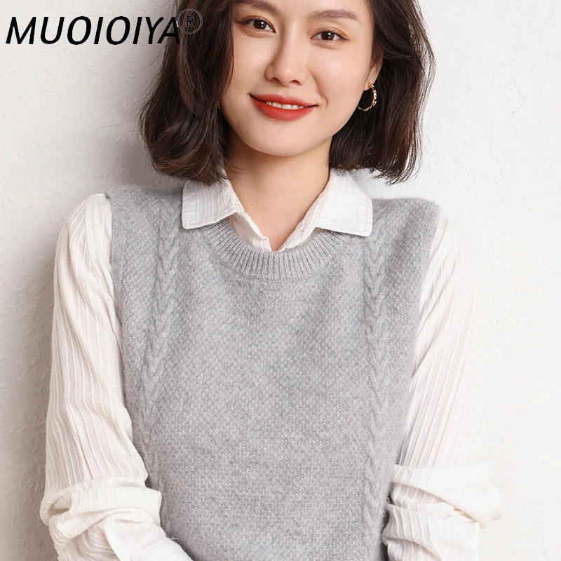 

2022 Women's Autumn Winter 100% Cashmere Knitted Vest Loose Sweater Solid Color Waistcoat Female O-Neck Pullover Sleeveless Tops