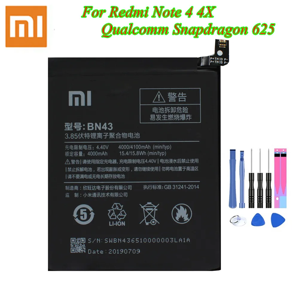 

Original Xiao Mi Battery BN43 For Xiaomi Redmi Note 4X Note 4 Global Qualcomm Snapdragon 625 4000/4100mAh Mobile Phone Batteria