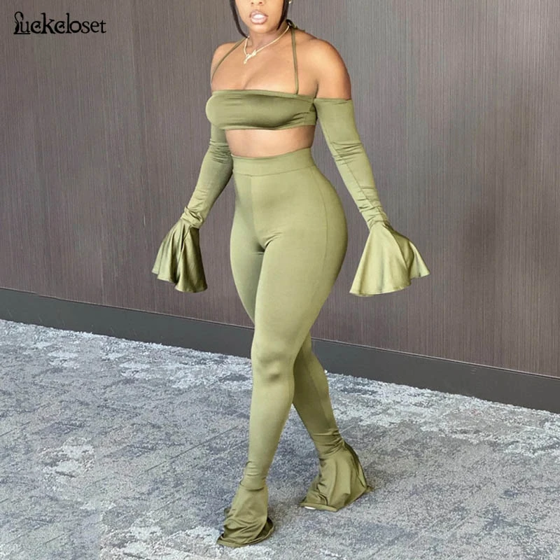 

Women Ruffle Sleeve Tracksuit 2 Piece Sweatshirt Sexy Off Shoulder Crop Tops Ladies Solid Slim Long Pants Two Piece Outfit Set