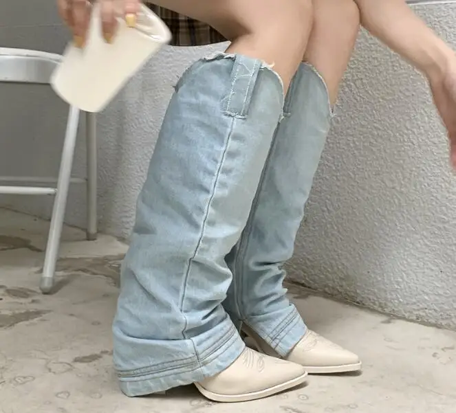

Spring Fashion Woman White Black Leather Denim Blue Jeans Knee High Boots Female Pointed Toe 8 cm Chunky Heels Pants Long Boots